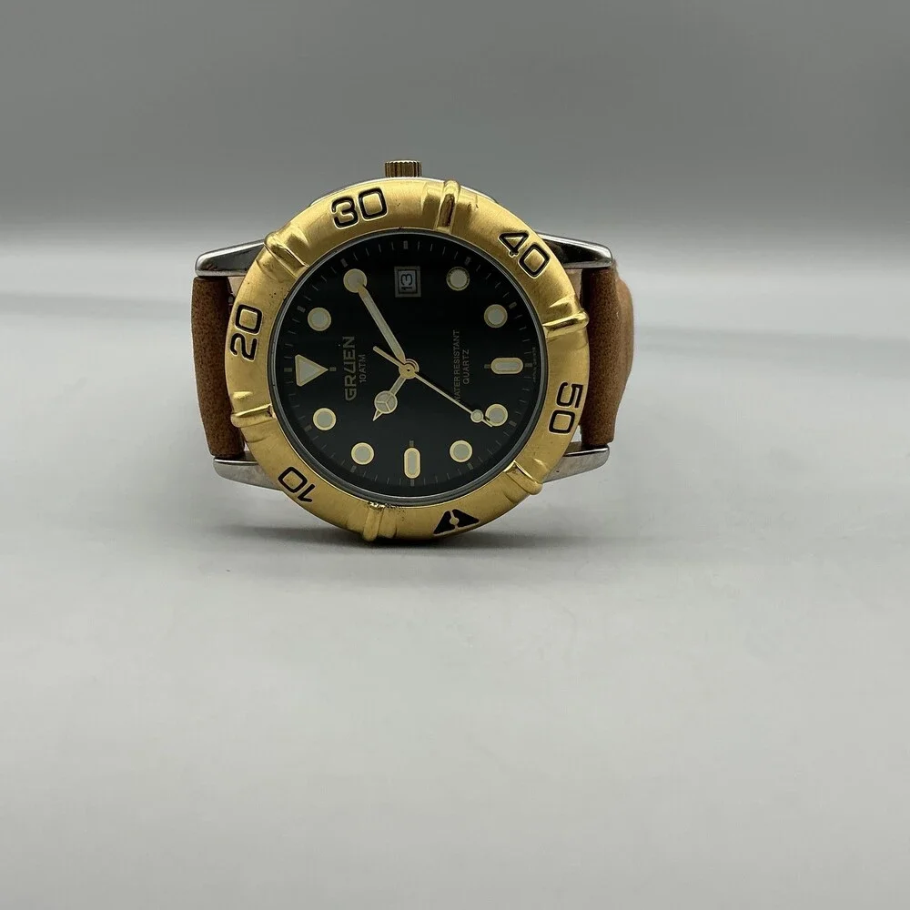 Gruen 321-2175 Mens Watch 40mm Gold Bezel Brown Leather Date New Battery